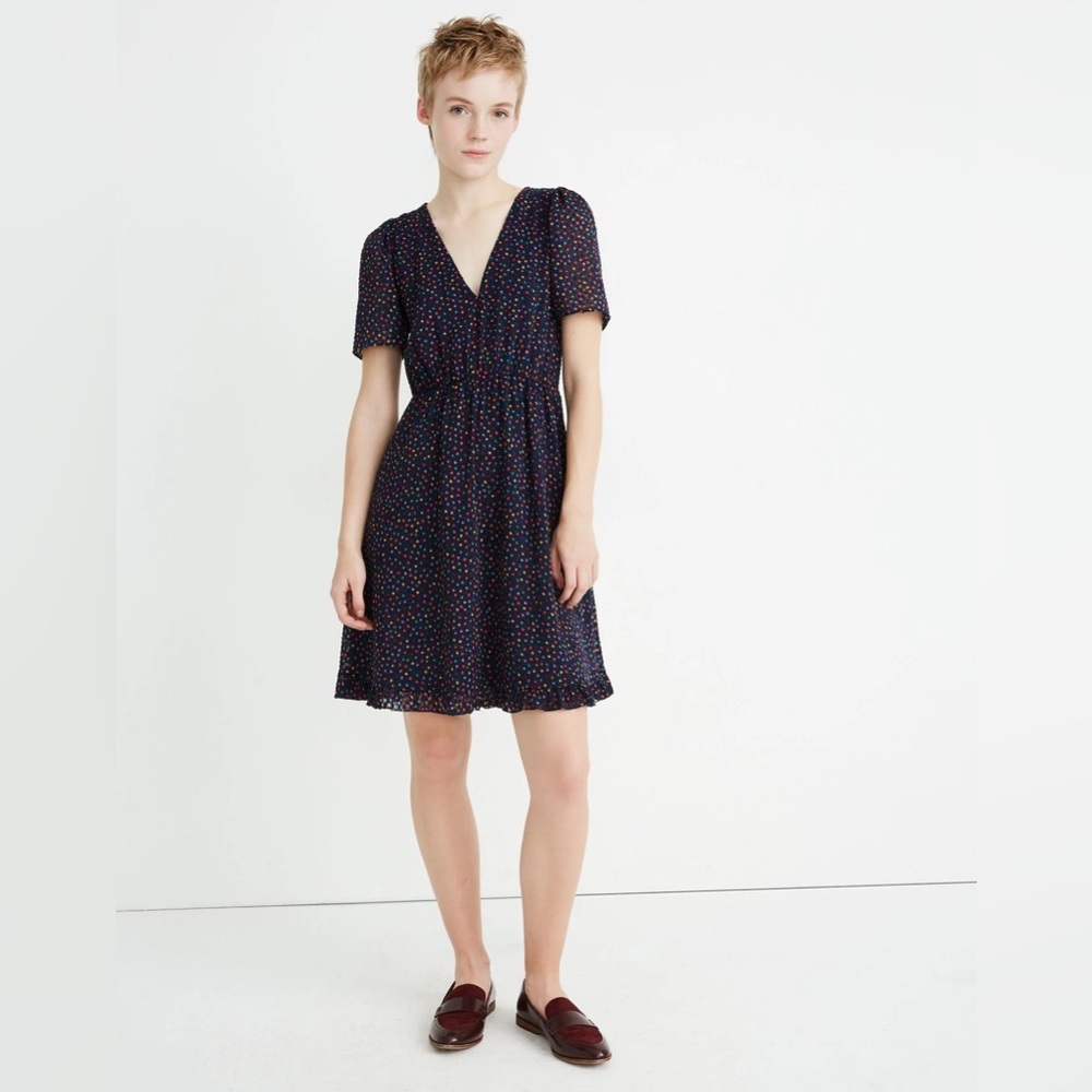 Madewell Flutter-Sleeve Ruffle-Hem Dress in Sugar Dot Size 4